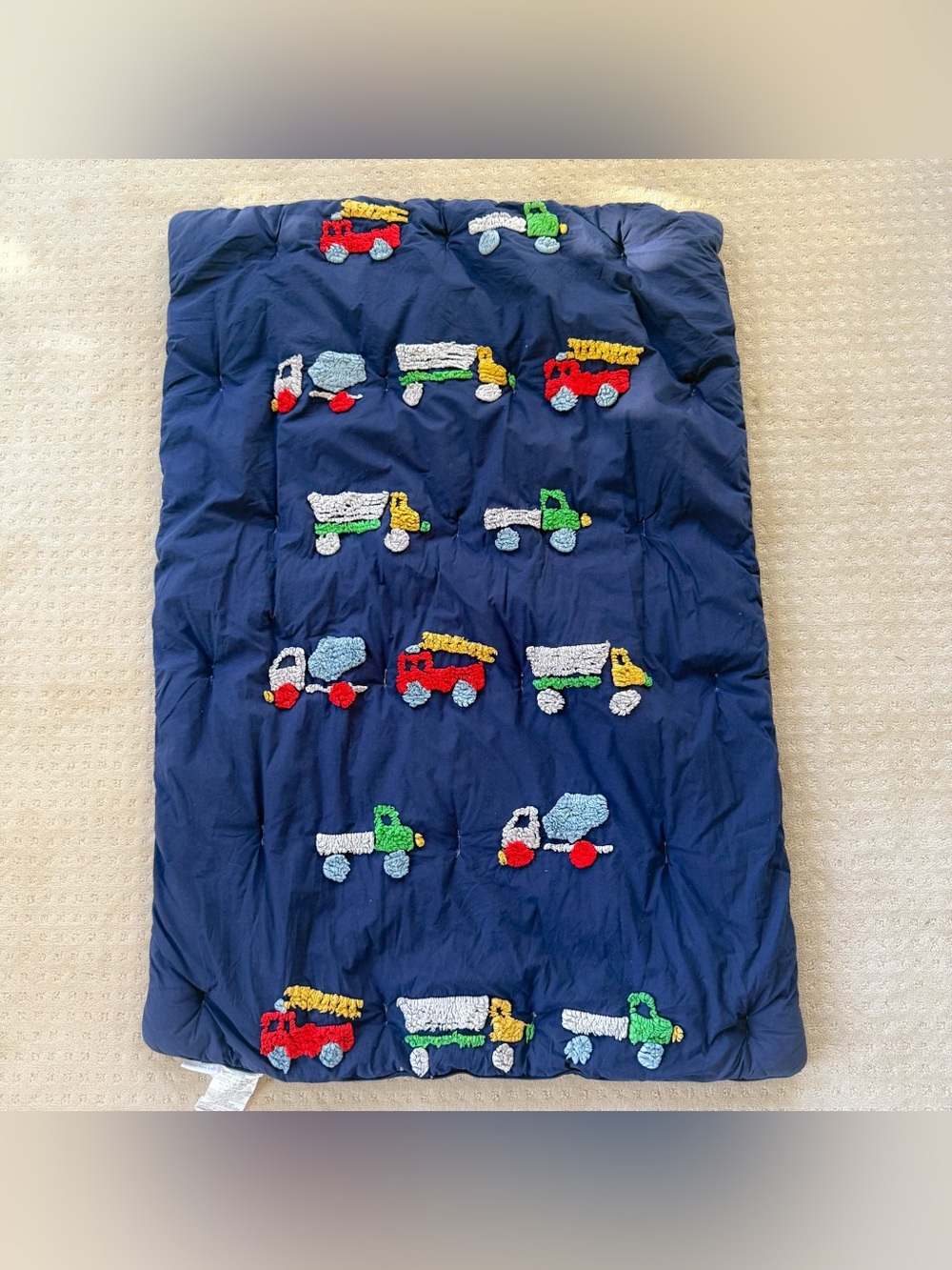 Pottery Barn Blue Candlewick Trucks Toddler Comforter, Great Condition!!
